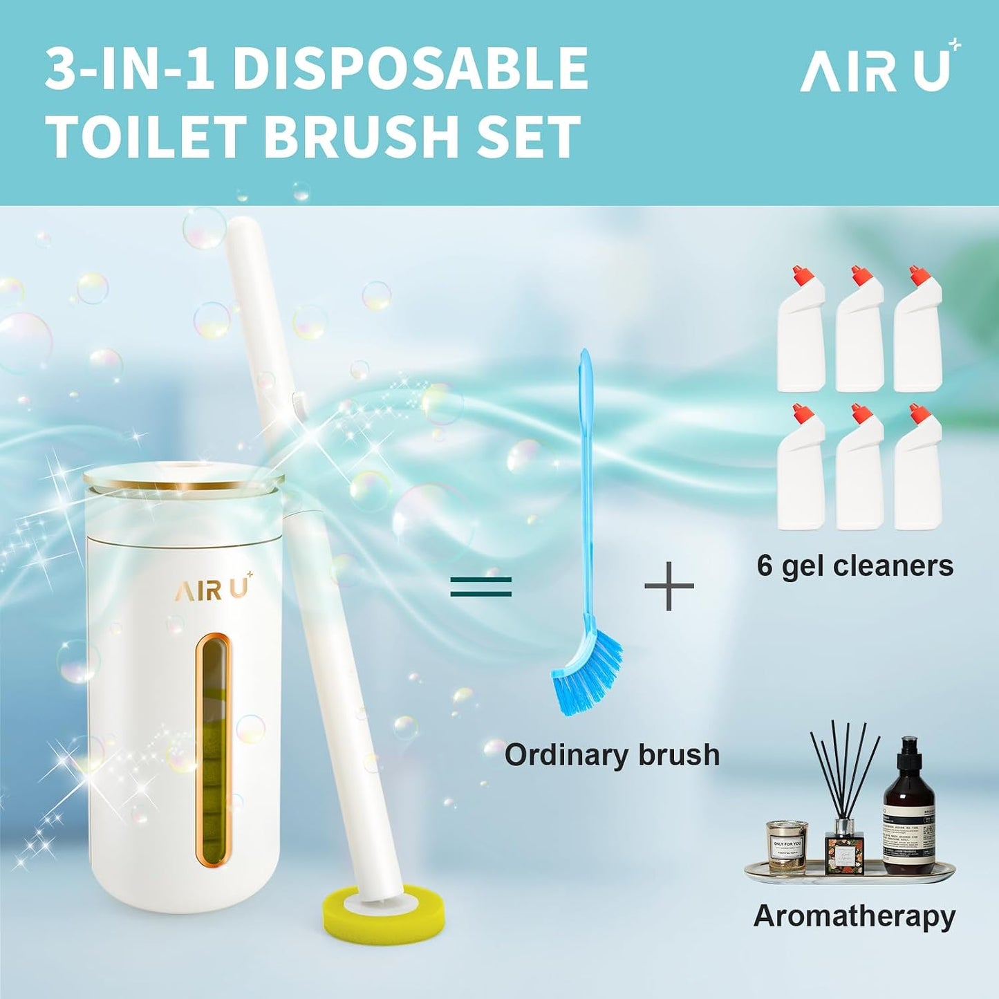 AIR U+ Disposable Toilet Brush, Toilet Bowl Cleaning System with 24 Count Wand Refill, Clean Brush Starter Kit with 1 Toilet Wand, 1 Storage Caddy and 1 Fragrant Tablet (1 + 24)