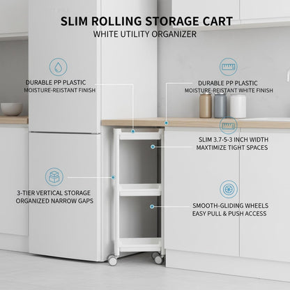 Slim Rolling Storage Cart, White | Plastic Utility Organizer, With Wheels, For Narrow Gaps, Kitchen and Bathroom