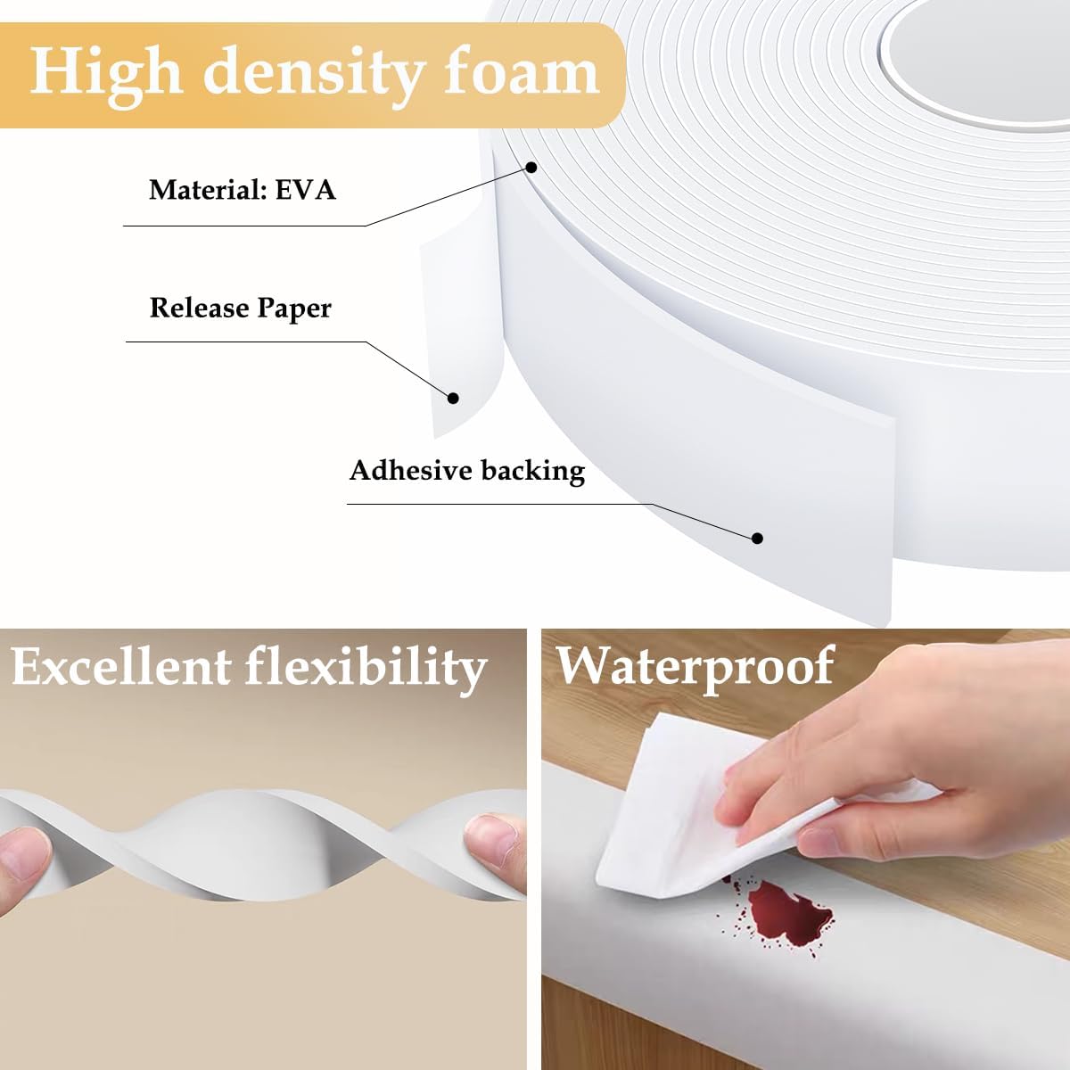Weather Stripping Door Seal White,1/2Inch Wide X 1/4 Inch Thick,Air Conditioner Window Seal,Self Adhesive Foam Tape High Density Foam Sealing Strip,Soundproof Foam Tape Roll,Total 16.4 Feet Long