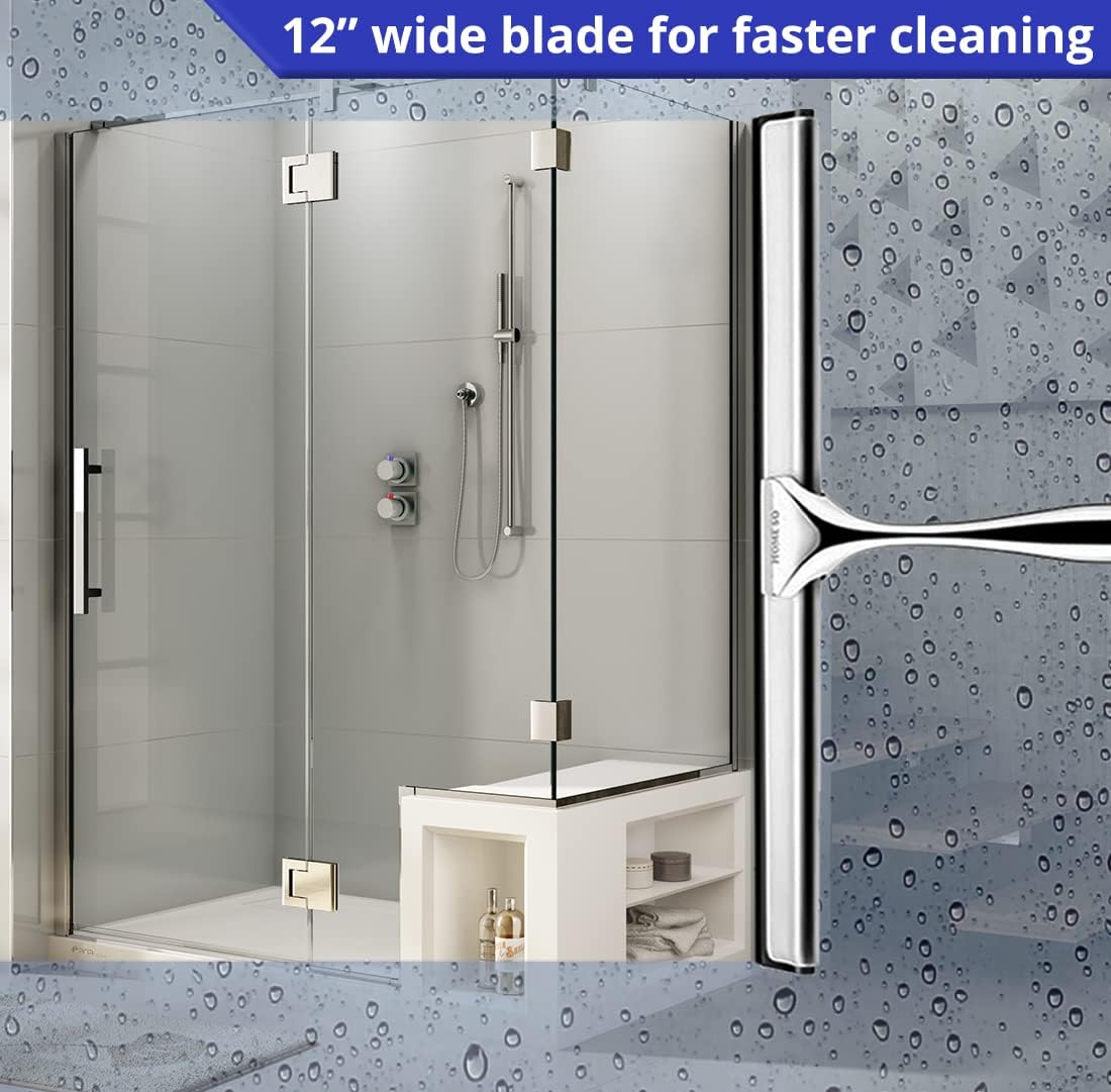 HOME SO Shower Squeegee for Glass Doors – Stainless Steel Squeegee with Adhesive Hooks - Window, Floor & Car Squeegee, Multi-Purpose Bathroom, Mirror & Tile Cleaner - Bathroom Essentials - Black 12"