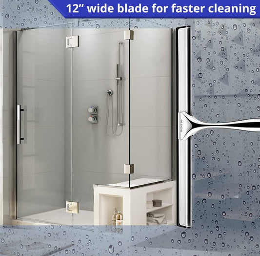 HOME SO Shower Squeegee for Glass Doors – Stainless Steel Squeegee with Adhesive Hooks - Window, Floor & Car Squeegee, Multi-Purpose Bathroom, Mirror & Tile Cleaner - Bathroom Essentials - Black 12"
