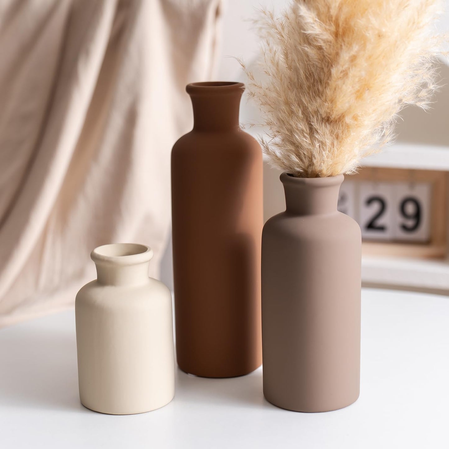 Ceramic Vase Set of 3, Modern Minimalist Neutral Home Decor, Boho Rustic Farmhouse Decorative Vases for Pampas Grass Dried Flowers | Table Centerpiece Entryway Mantel Bookshelf(Black Mix Set - Gray#1)