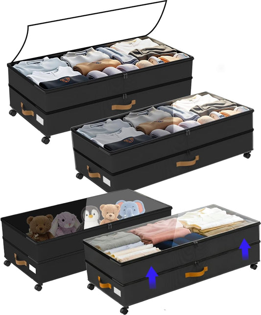 Under Bed Storage with Wheels 2-Pack, 75L XXL Under the Bed Storage Containers Large, 12" Tall Adjustable Storage for Underbed with Lids, Rolling for Clothes, Shoes, Blankets (Black)