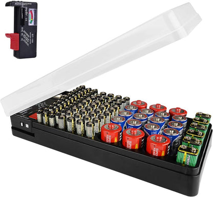 LUEXBOX Battery Organizer Storage Case Holder with Tester Holds 98 Pack, High-Capacity Battery Box and Tester, Battery Case Suitable for AAA, AA, 9V, C, D, Button Cell Batteries