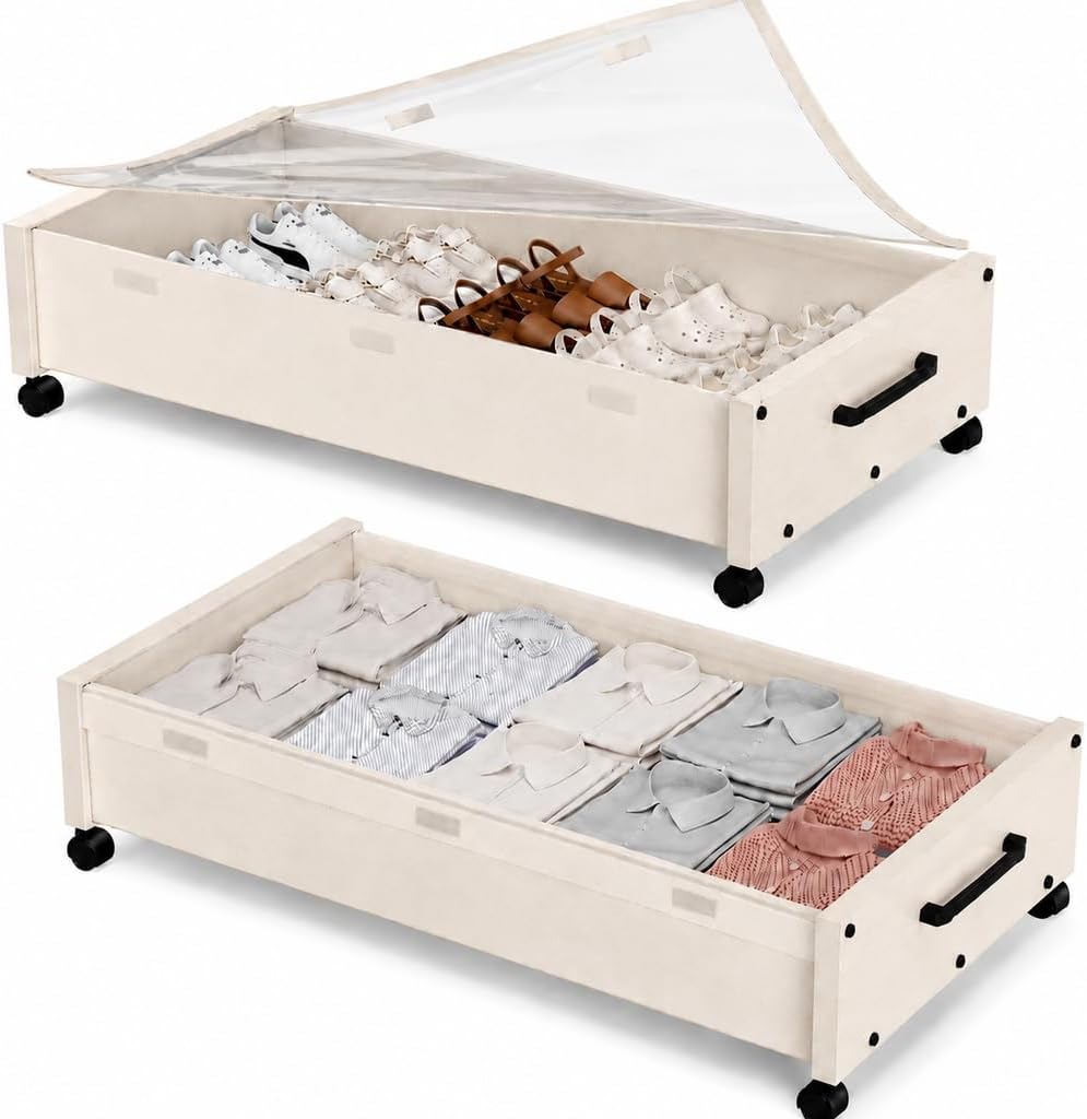 KITHELP Under Bed Storage Containers with Wheels, 2 Pack Underbed Shoe Storage Organizer with Removable Lids, Large Rolling Under Bed Storage Dresser Drawers for Clothes Toys Shoes Blankets