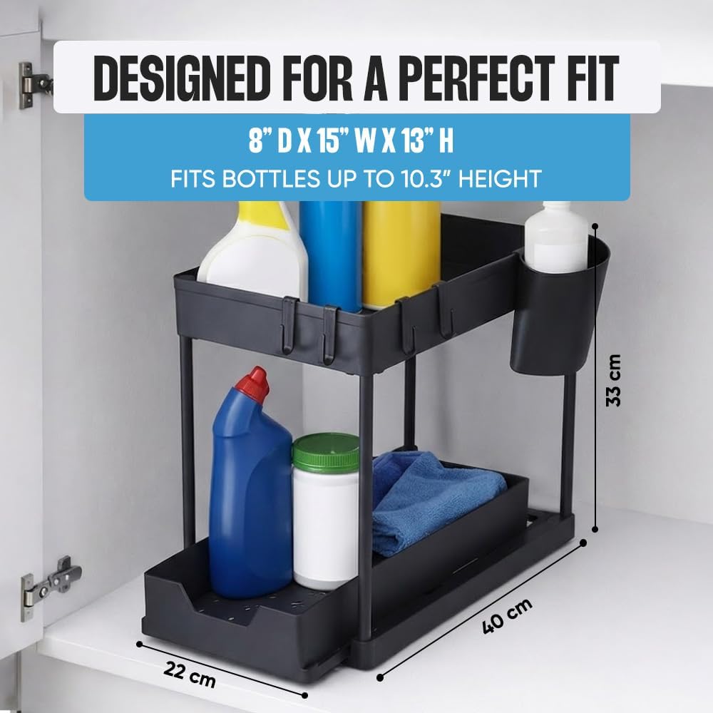 Undersink Organizer, 2-Tier Under Sink Storage Rack with Sliding Drawers for Kitchen Bathroom Cabinets, Pull Out Organizer for Pantry, Laundry Room & Closet Organization - 1 Pack, Black