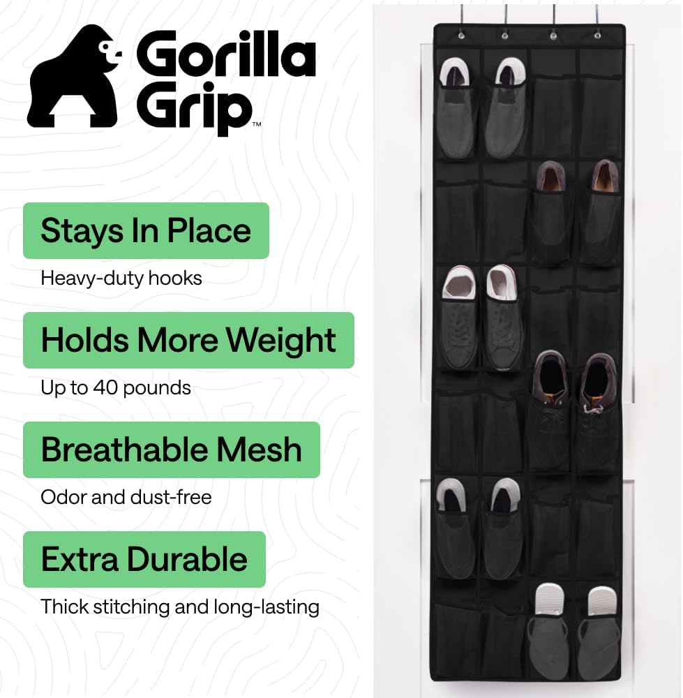 GORILLA GRIP Over the Door Shoe Organizer, 24 Large Breathable Mesh Pockets, Space Saving Hanging Storage Holder, Closet Rack Hanger Holds Up to 40 lbs, Hangs on Closets for Shoes, Accessories, Grey