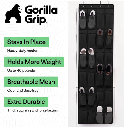 GORILLA GRIP Over the Door Shoe Organizer, 24 Large Breathable Mesh Pockets, Space Saving Hanging Storage Holder, Closet Rack Hanger Holds Up to 40 lbs, Hangs on Closets for Shoes, Accessories, Grey