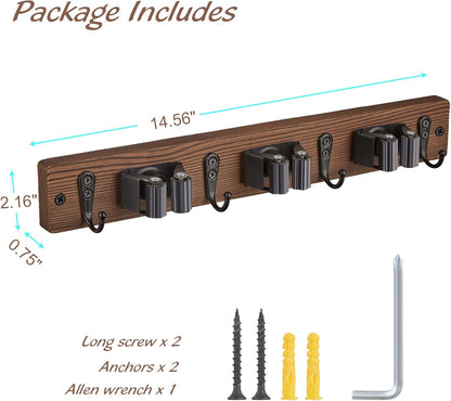 OUTNILI Mop and Broom Holder Wall Mount - Wood Broom Mop Hanger - Wall Mounted Garden Tool Rack Organizer for Closet Garage Laundry Room for Rustic Kitchen Decor With 5 Slots & 4 Hooks