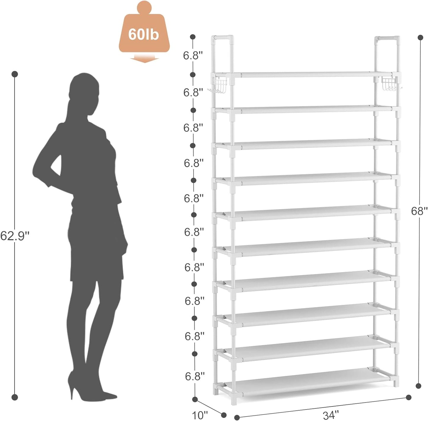 VTRIN 10 Tiers Tall Shoe Rack Holds 20-25 Pairs of Shoes Sturdy Vertical Shoe Organizer with 18pcs Hooks Stackable Narrow Shoe Rack for Closet, Entryway Black