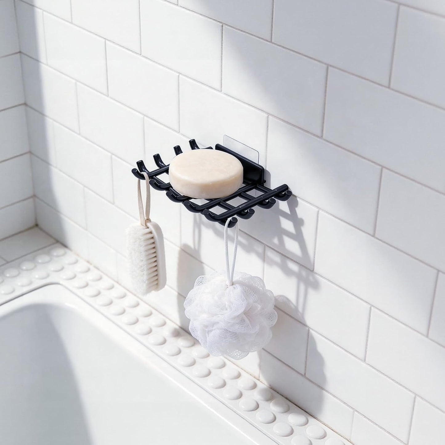 Bar Soap Holder for Shower Wall, Self Draining Plastic Bar Soap Dish Tray Container Case for Bathroom Sink, Adhesive Shower Soap Dish Holder Wall Mounted, Black 2 Pack