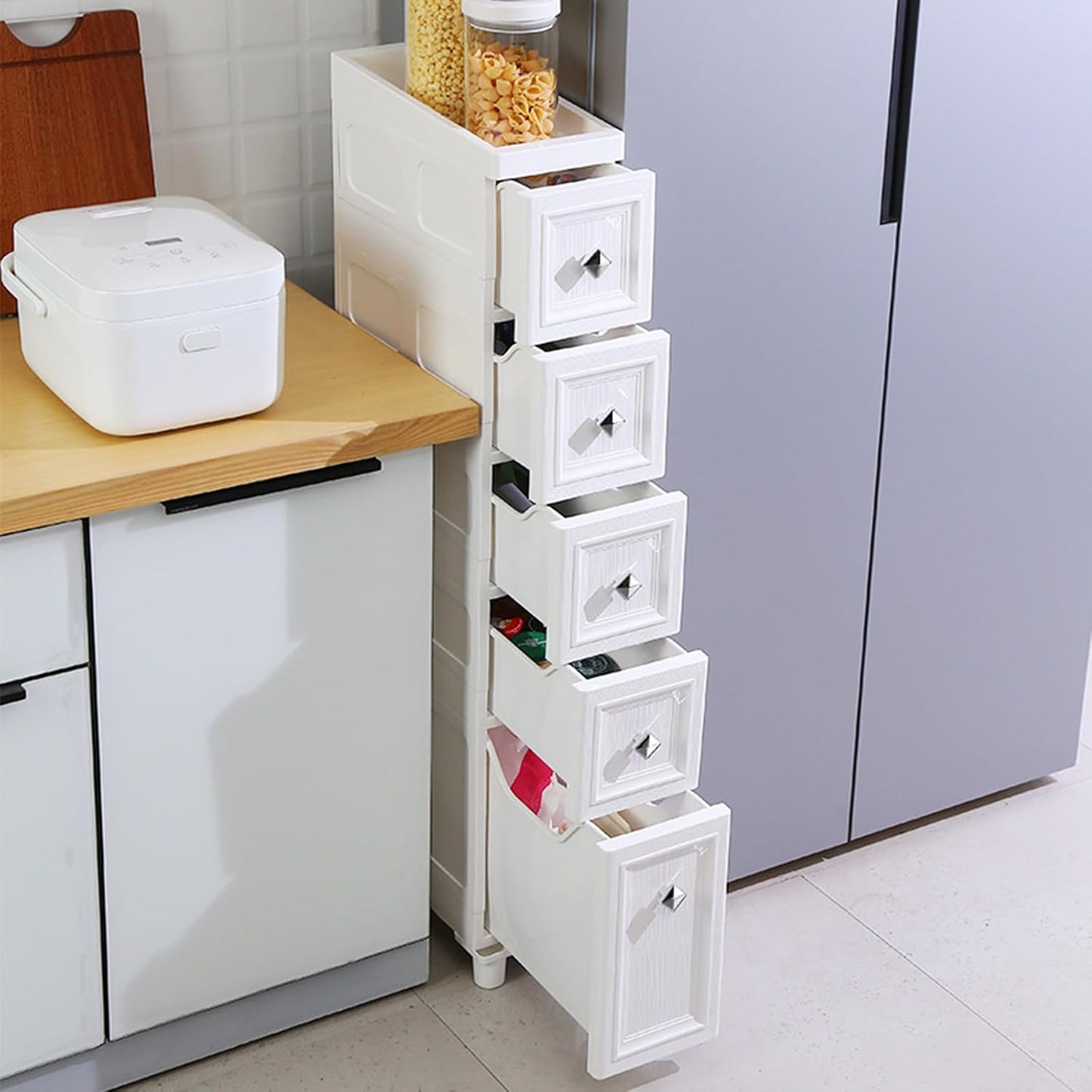 4 Drawer Narrow Floor Cabinet,4 Tier Plastic Slim Storage Cabinet with Drawers,Rolling Storage Cart with Drawers for Small Space,Bathroom,Living Room(8.7" W)