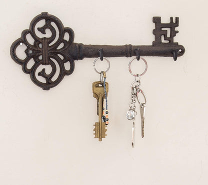 Comfify Brown Cast Iron Skeleton Key Wall Hook – 3 Hooks, 10.8" L | Brown; cast iron; 10.8"L x 2"W x 4.7"H; 3 hooks; KEYS embossed; matching brown screws; farmhouse entryway decor
