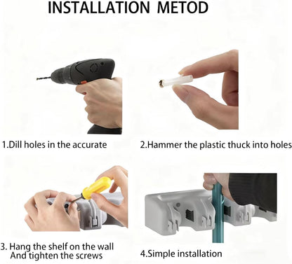 PP Plastic Multi-Function Broom & Mop Wall Mount Holder (16.93.352.36in, Gray) - Screw-Mounted Space Saver for Kitchen/Garage/Garden Tool Organization
