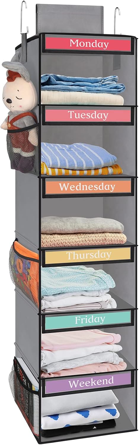 Fixwal 6-Shelf Weekly Clothes Organizer for Kids, Kids Daily Shelf Hanging Closet Organizer with 6 Side Pockets, Days of The Week Hanging Storage Shelves (Pink)