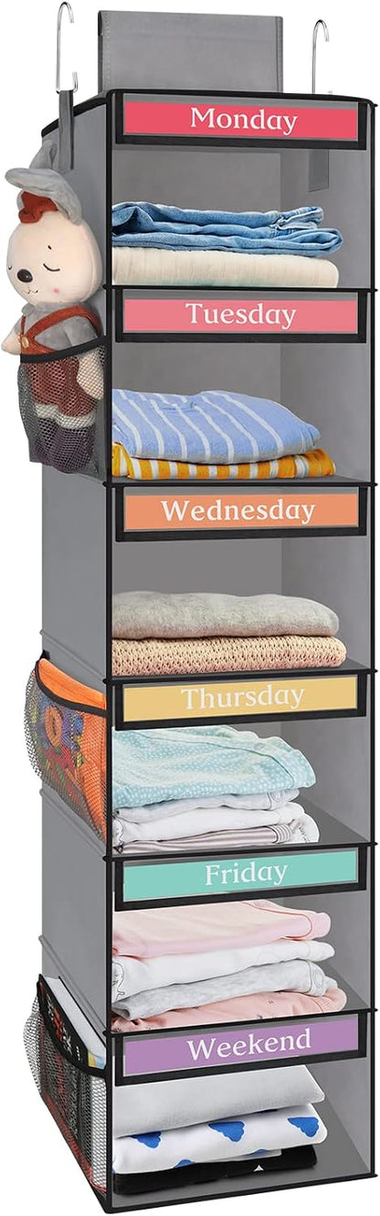 Fixwal 6-Shelf Weekly Clothes Organizer for Kids, Kids Daily Shelf Hanging Closet Organizer with 6 Side Pockets, Days of The Week Hanging Storage Shelves (Pink)