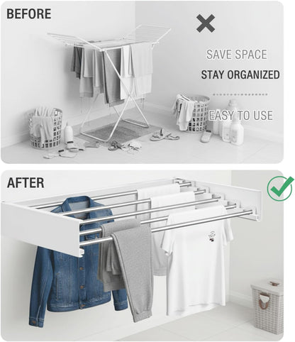ECHOKRAFTS Wall Mounted Clothes Drying Rack, Foldable Wall Mount Laundry Rack Folding Indoor, Drying Rack Clothing Collapsible, Hidden Space Saver Cloths Drying Rack, Wall Drying Rack
