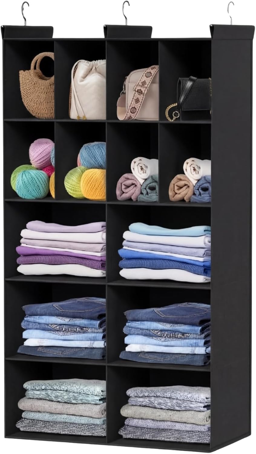 Ofiray-home 6 Tier Hanging Closet Organizer, 16 Compartments Sweater Organizer for Closet with 3 Sturdy Hooks, Closet Organizers and Storage, Wardrobe, Rv, Garment Rack, Grey