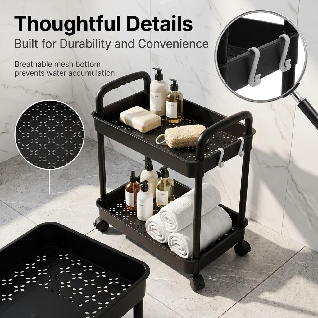 2-Tier Black Rolling Storage Cart with 4 Hanging Hooks - Slim Mobile Utility Cart Organizer, Compact Multi-Functional Narrow Rolling Shelf Rack on Wheels for Kitchen, Bathroom, Laundry Room, Office