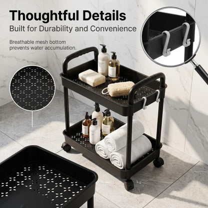 2-Tier Black Rolling Storage Cart with 4 Hanging Hooks - Slim Mobile Utility Cart Organizer, Compact Multi-Functional Narrow Rolling Shelf Rack on Wheels for Kitchen, Bathroom, Laundry Room, Office