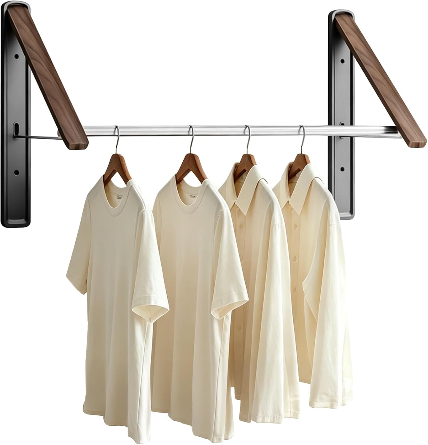Wall Mounted Retractable Clothes Drying Rack, Walnut Foldable Hanger, Space Saving Laundry Organizer with 2 Brackets and 1 Rod, Ideal for Laundry Room, Dorm, Closet & Balcony