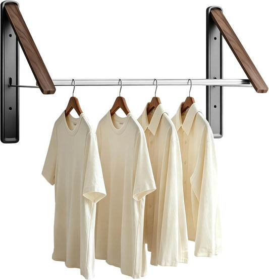 Wall Mounted Retractable Clothes Drying Rack, Walnut Foldable Hanger, Space Saving Laundry Organizer with 2 Brackets and 1 Rod, Ideal for Laundry Room, Dorm, Closet & Balcony
