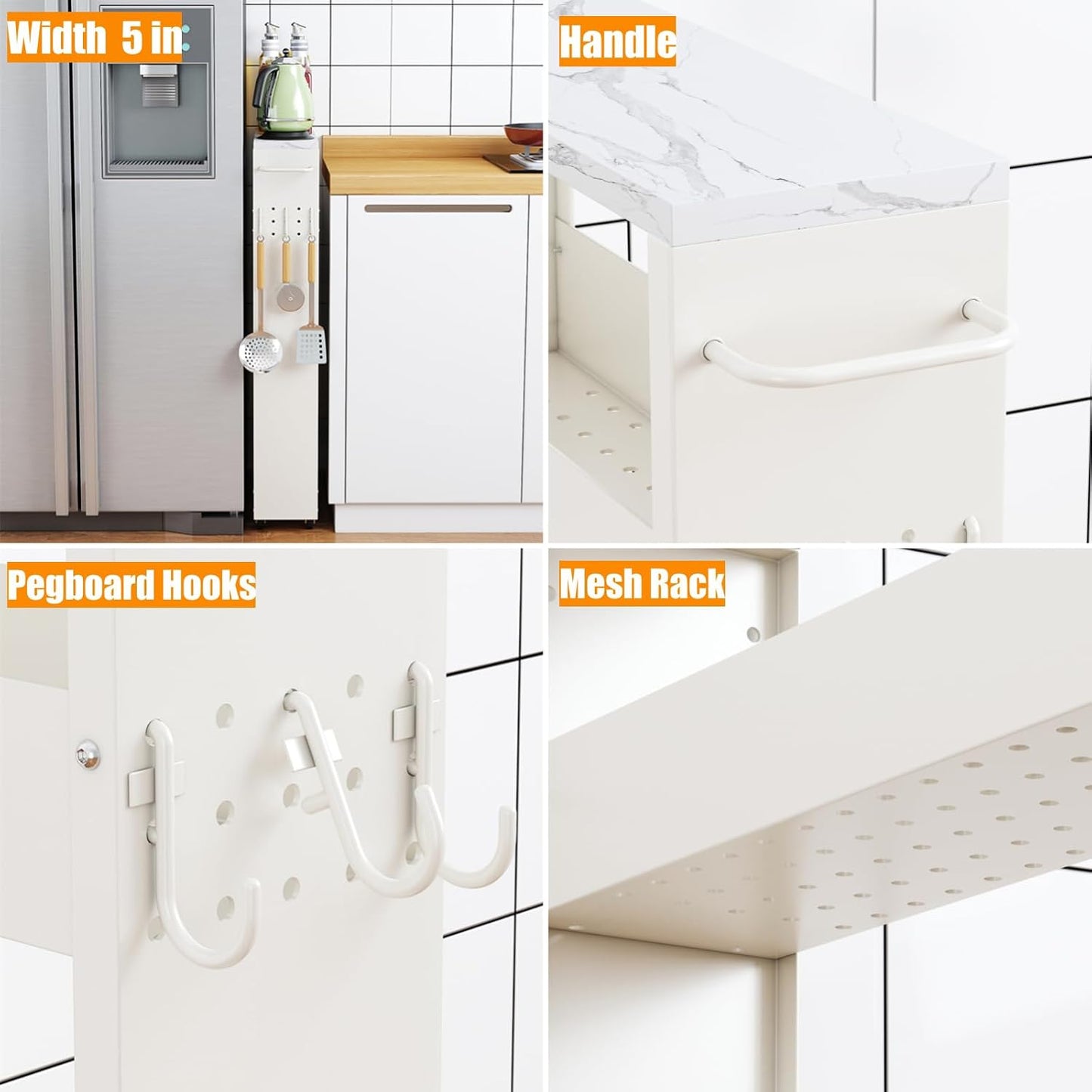 XYZLVSI Slim Storage Cart, Narrow Kitchen Rolling Cart for Small Spaces | 5.9" W skinny storage cart, 12.4" bottom metal utility cart with 360° swivel wheels for bathroom/laundry, slim shelf, white