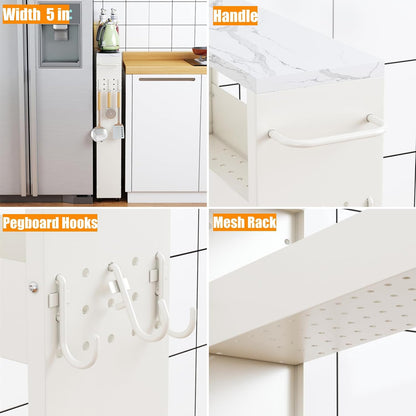 XYZLVSI Slim Storage Cart, Narrow Kitchen Rolling Cart for Small Spaces | 5.9" W skinny storage cart, 12.4" bottom metal utility cart with 360° swivel wheels for bathroom/laundry, slim shelf, white
