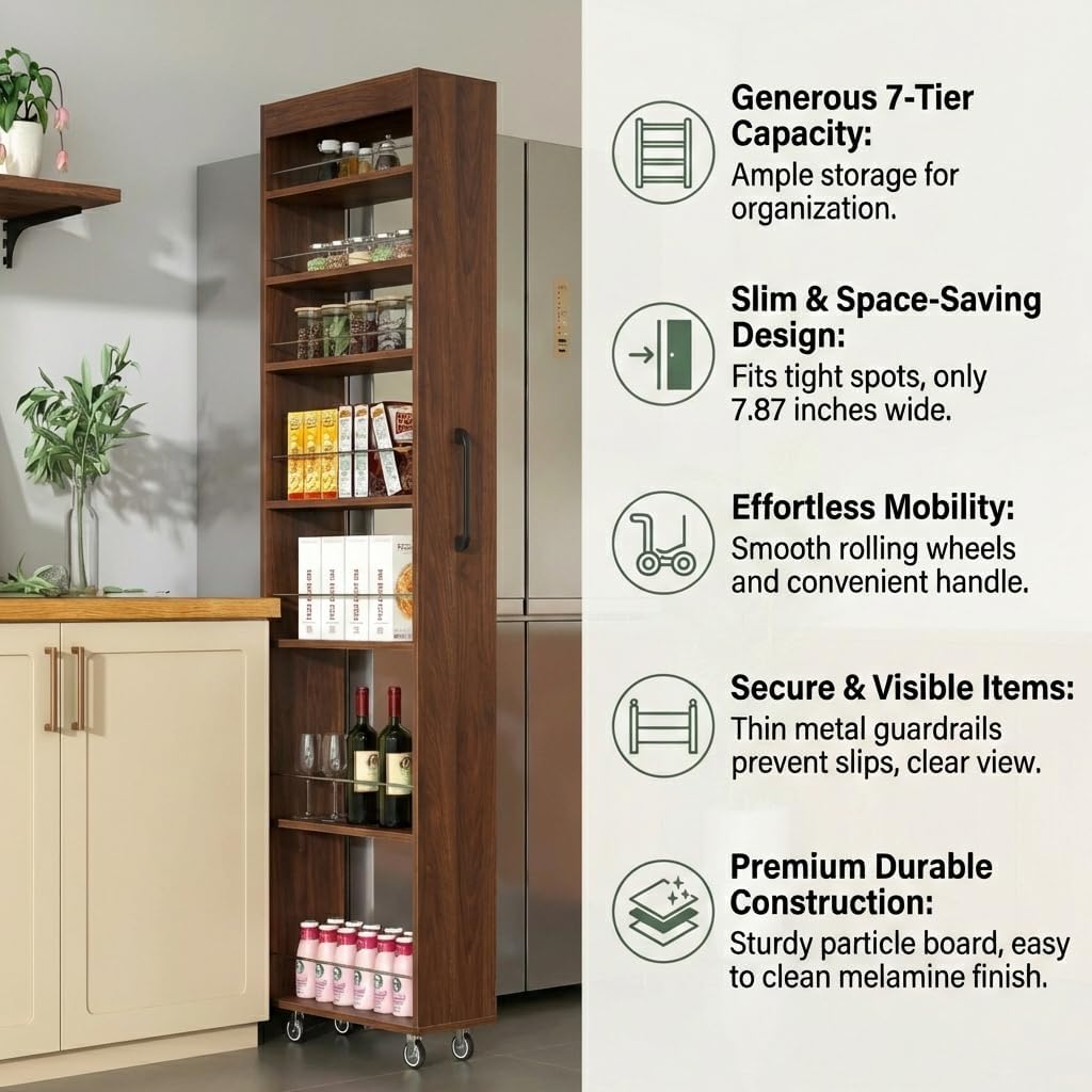Slim Rolling Storage Cart, 6-Tier Pull-Out Spice Rack with Handle & Wheels, Narrow Kitchen Organizer for Next to Fridge, Pantry, Laundry Room,11.8 Inch Wide Space Saver（Black, With Side Panel)