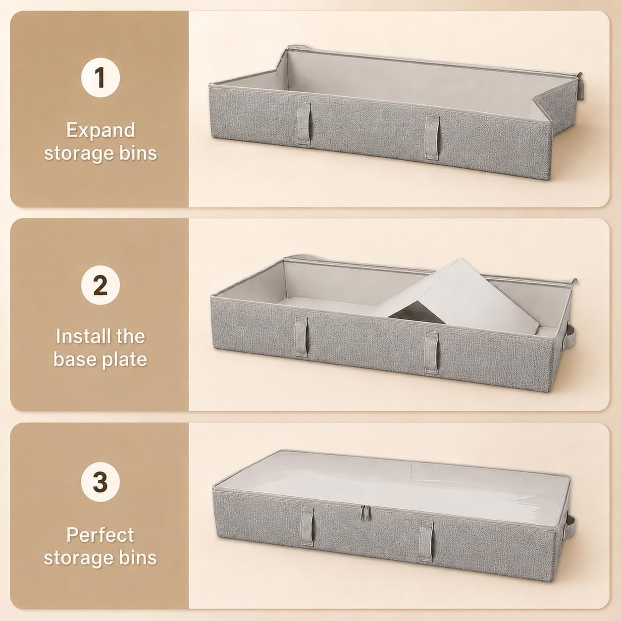 Vailando Side-Supported Under Bed Storage Containers, 6 Inches Tall 60L Underbed Storage Bins with Sturdy Handles and Sidewalls, Closet Organizer for Clothes, Blankets, Seasonal Items, Beige, 2-Pack