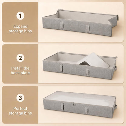 Vailando Side-Supported Under Bed Storage Containers, 6 Inches Tall 60L Underbed Storage Bins with Sturdy Handles and Sidewalls, Closet Organizer for Clothes, Blankets, Seasonal Items, Beige, 2-Pack