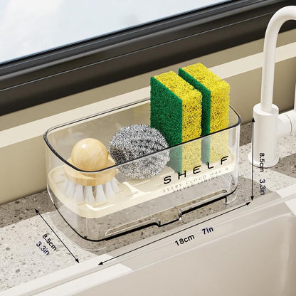 Sponge Holder for Kitchen Sink, Clear Acrylic Sink Organizer with Auto-Draining Tray, Countertop Sink Caddy for Sponges, Soap, Brush & Cleaning Tools