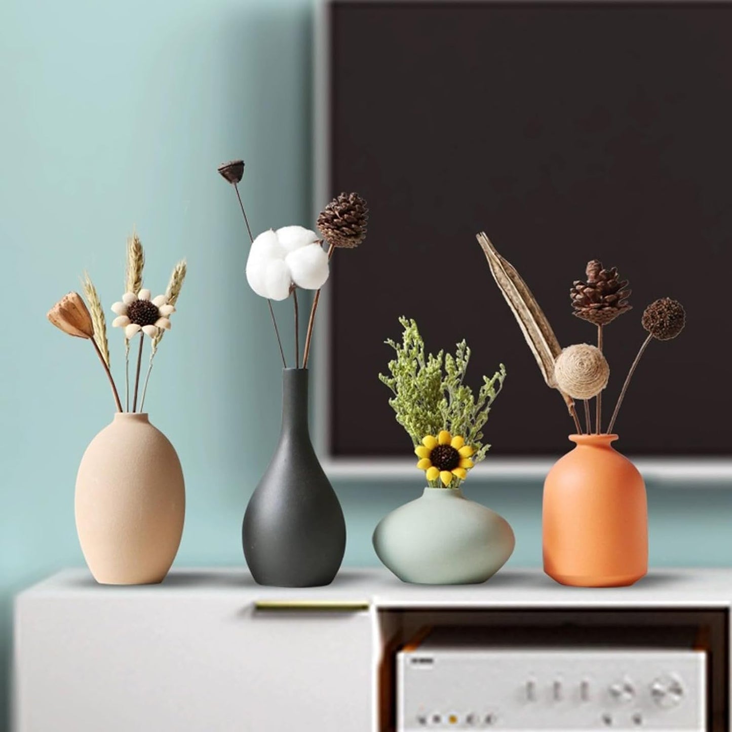 Small Ceramic Matte Vase Set 4 for Modern Home Decor Flower Decoration Office,Bookdesk, Bookshelf, Centerpieces, Tables, Living Room, Dining Table, Bedroom Shelf Entryway Ornament Gift