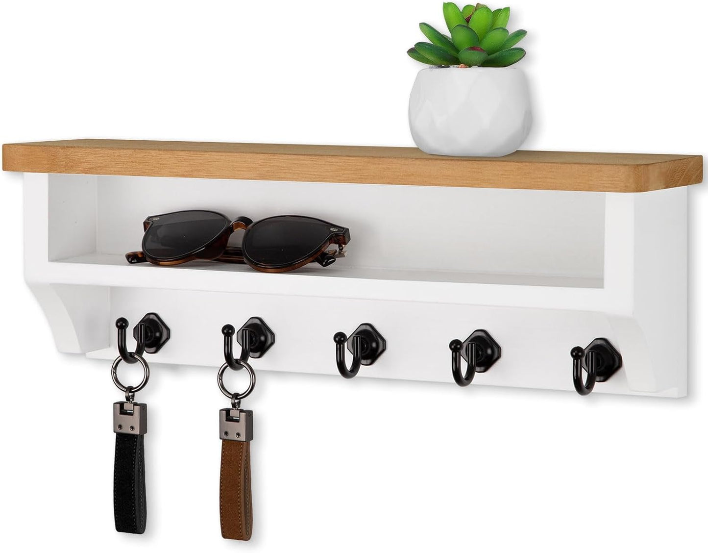 Nekon Key Holder Wall Mount, Wall Organizer Shelf with 5 Key Hooks, Room Decor for Home and Apartment Essentials, White