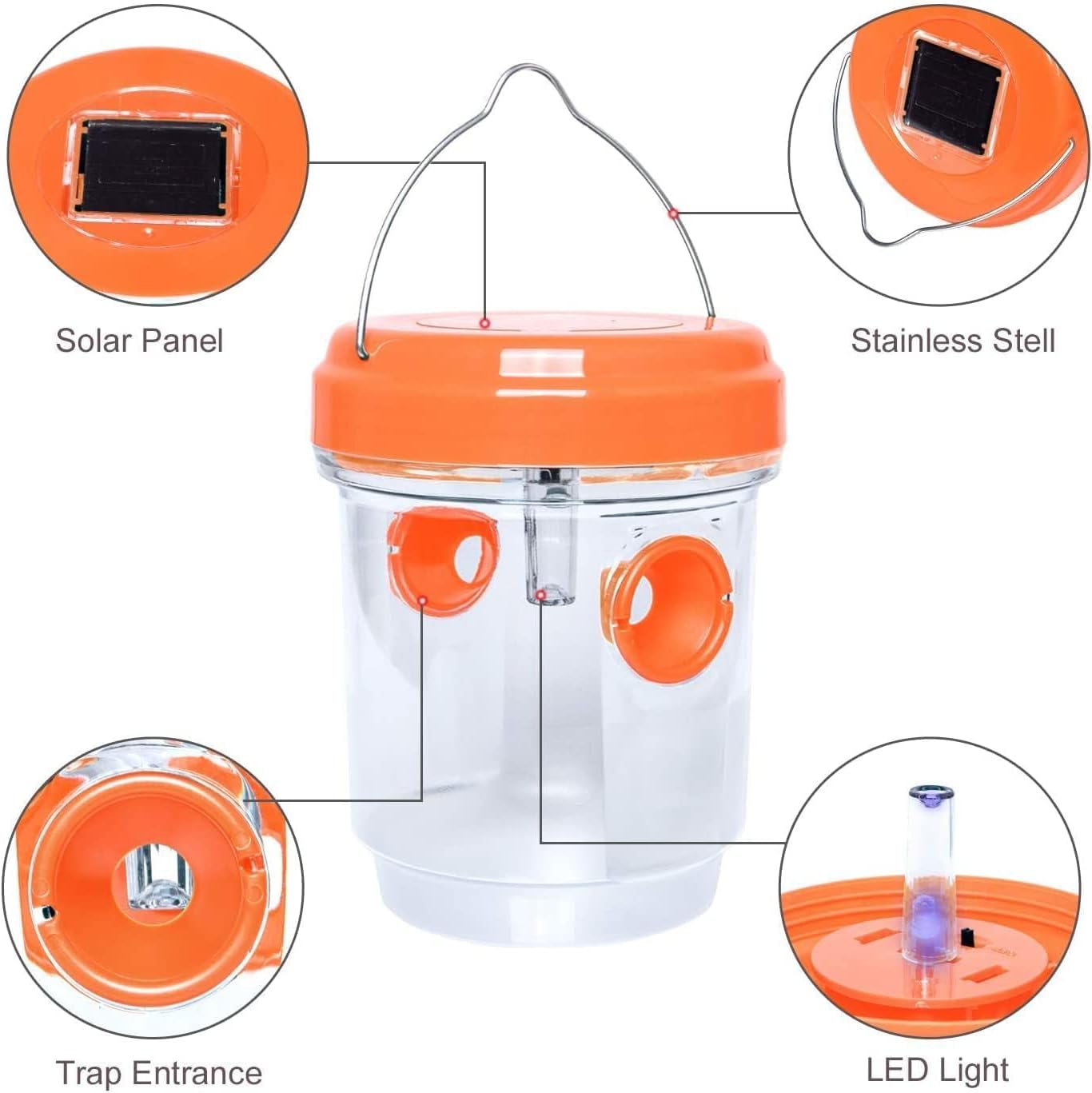 Solar Wasp Bee Trap, Outdoor Hanging LED Light Reusable Catcher for Outside | Brush Included, DIY Bait, Fits Hornet, Yellow Jacket, Wasp & Carpenter Bee, All-day Outdoor Use for Garden, Orchard & Farm