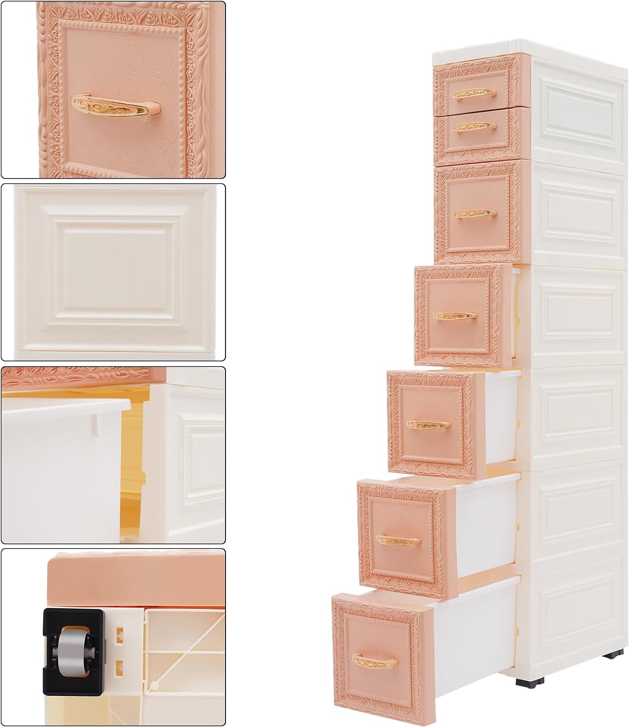 8 Drawers Narrow Storage Cabinet with Wheels,Slim Floor Cabinets,Rolling Organizer Cart for Small Spaces,Pink