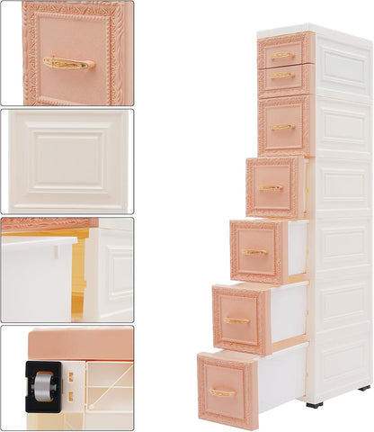 8 Drawers Narrow Storage Cabinet with Wheels,Slim Floor Cabinets,Rolling Organizer Cart for Small Spaces,Pink