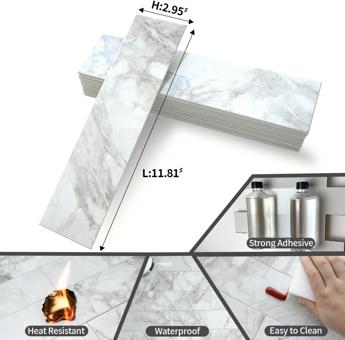 AULIGET 40-Piece Polished White Marble with Gold Peel and Stick Backsplash Wall Tiles, 3" x 12" PVC Faux Stone Stick on Tiles for Backsplash Kitchen, Bathroom, Laundry Room, Camper, Fireplace