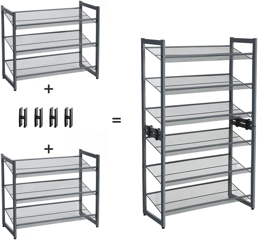 SONGMICS Shoe Rack, 12-Tier Shoe Organizer, Metal Shoe Storage for Garage, Entryway, Set of 2 6-Tier Stackable Shoe Shelf, with Adjustable Flat or Angled Shelves, Holds 48-60 Pairs, Black ULMR12B