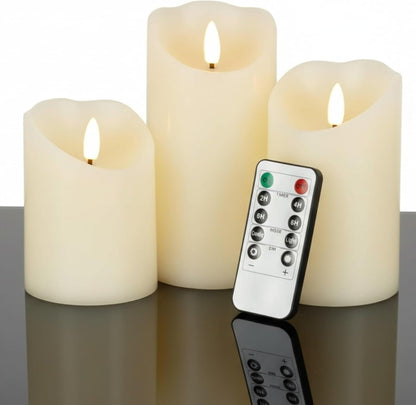 VENTA Set of 3 White Pillar Candles | Real Wax Battery Operated Flickering LED Candles with Remote | Timeless Decor for Farmhouse, Modern & Mantel Displays