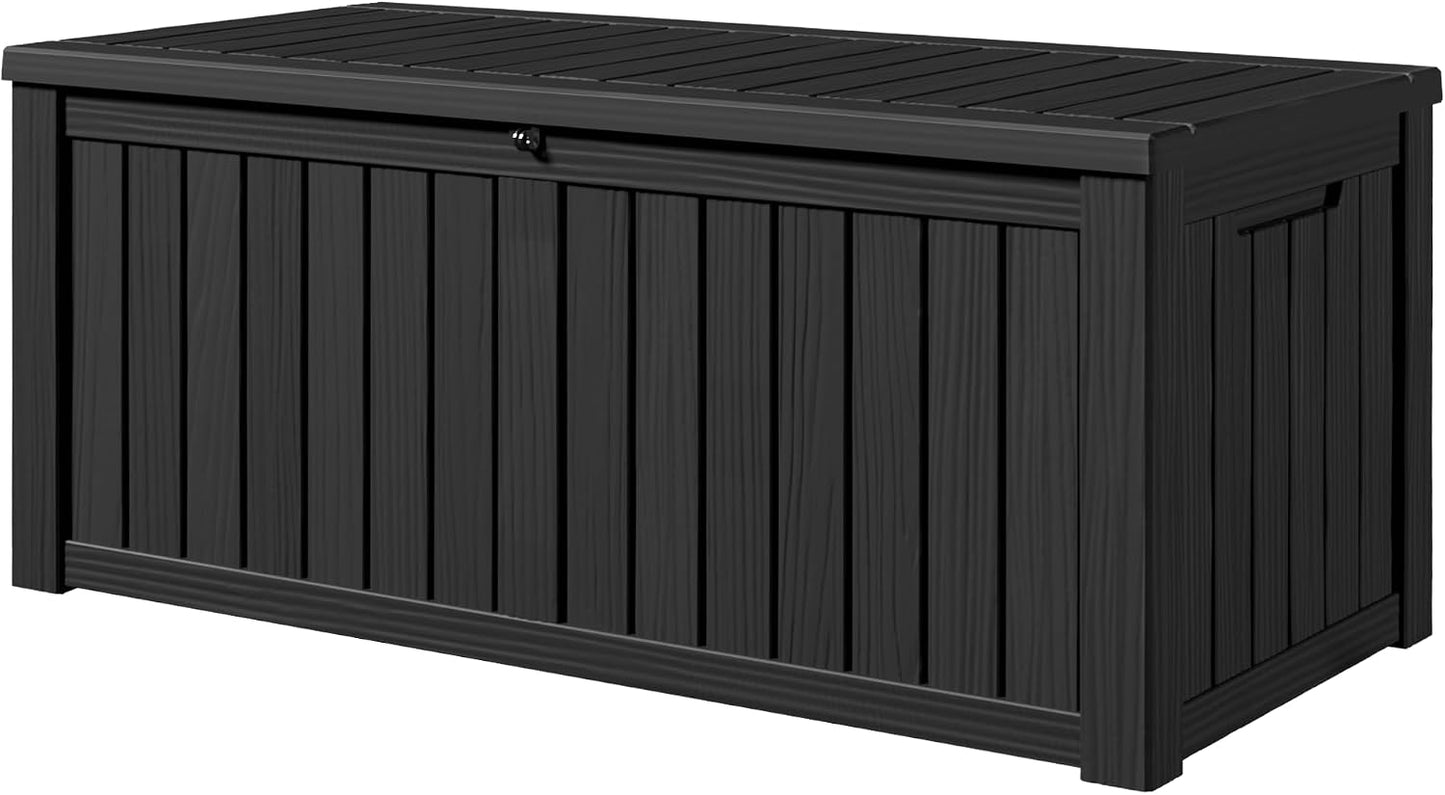 100 Gallon Storage Box, Waterproof Resin Deck Box with Hydraulic Piston Design, Lockable Storage Bench for Package Delivery, Storage Bin for Patio Cushions, Garden Tools, Black