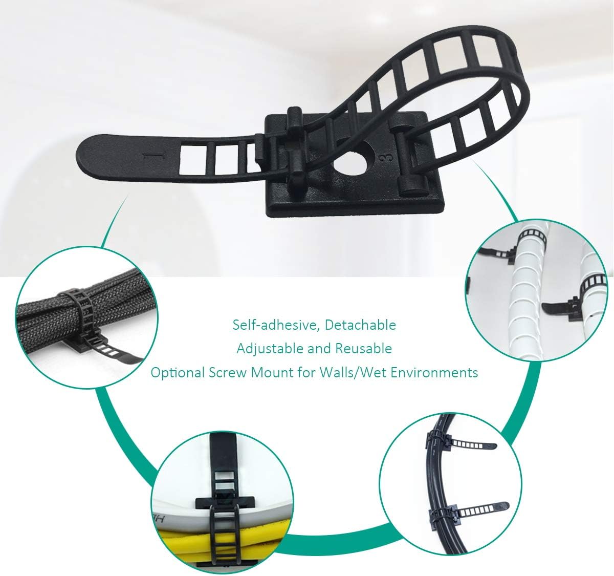 25 Pieces Desk Wire Organizer Cable Ties Zip Ties Adhesive Cord Clips Cable Management Cord Keeper Desk Wire Management | Compact 25-pack for desks, entertainment centers, and small home cable setups; adjustable nylon straps release for reuse.
