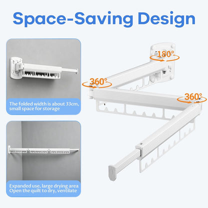 Foldable Wall Mounted Laundry Drying Rack, 3 Fold Retractable Clothes Drying Rack, Durable Clothing Hanger Rack for Laundry Room, Balcony, Bathroom (White)