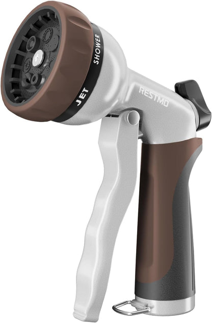 RESTMO Garden Hose Nozzle, Heavy Duty Metal Water Hose Nozzle with 7 Adjustable Spray Patterns, High Pressure Hand Sprayer with Flow Control for Watering Plants & Lawns, Washing Cars & Pets