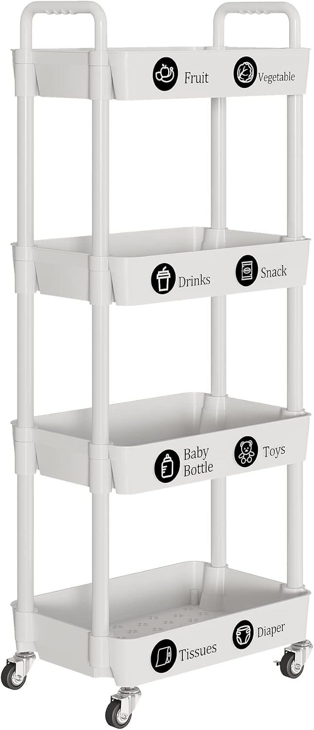 Laiensia 3-Tier Rolling Cart with Wheels,Multifunction Utility Storage Carts, Kitchen Storage Organizer,Mobile Shelving Unit for Bathroom,Laundry,with Classified Stickers,White