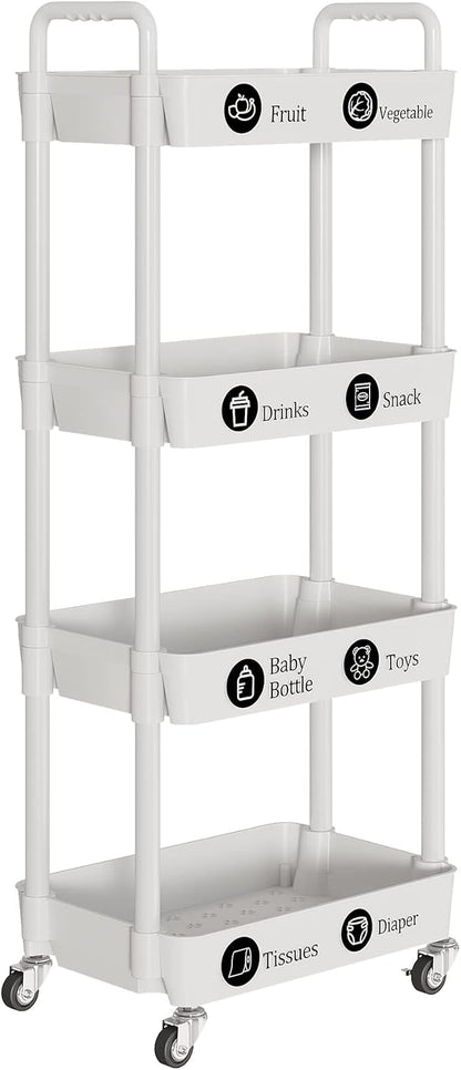 Laiensia 3-Tier Rolling Cart with Wheels,Multifunction Utility Storage Carts, Kitchen Storage Organizer,Mobile Shelving Unit for Bathroom,Laundry,with Classified Stickers,White