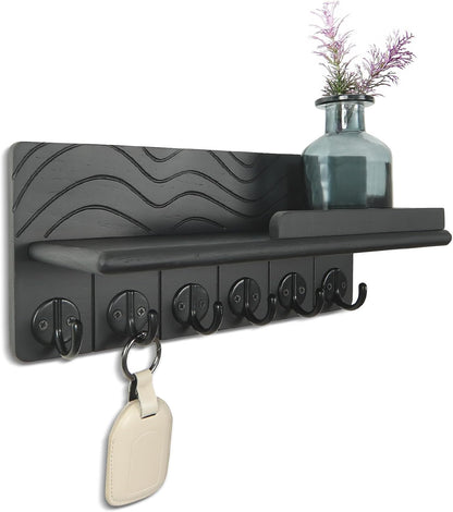 Key Holder Wall Decor-11.8" Solid Ash Wood Entryway Organizer with 6 Hooks & Extra Deep Storage Rack for Key, Mail, Wallet, Leash, Glasses, Hand-Polished & Stained, Easy-Assembly
