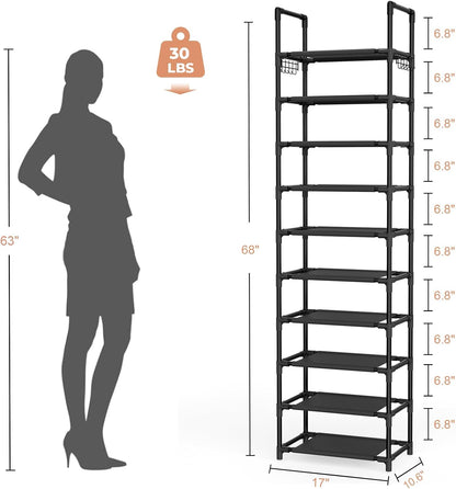 LANTEFUL 10 Tiers Shoe Rack 50 Pairs Large Capacity Tall Shoe Organizer Sturdy Shoe Storage with Two Hooks Space Saving Metal Wide Shoe Rack for Closet, Entryway, Bedroom, Black