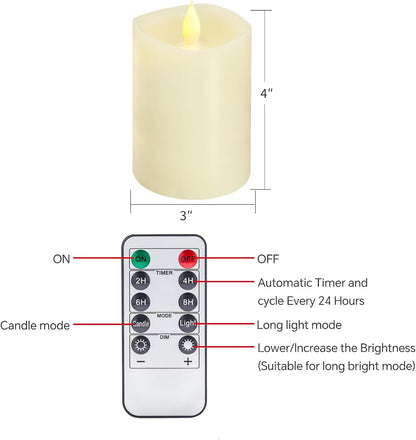 3x3 Flameless Candles with Remote Set of 2, 3 inch Battery Candles Flickering with Timer, LED Pillar Candle for Indoor/Outdoor, White