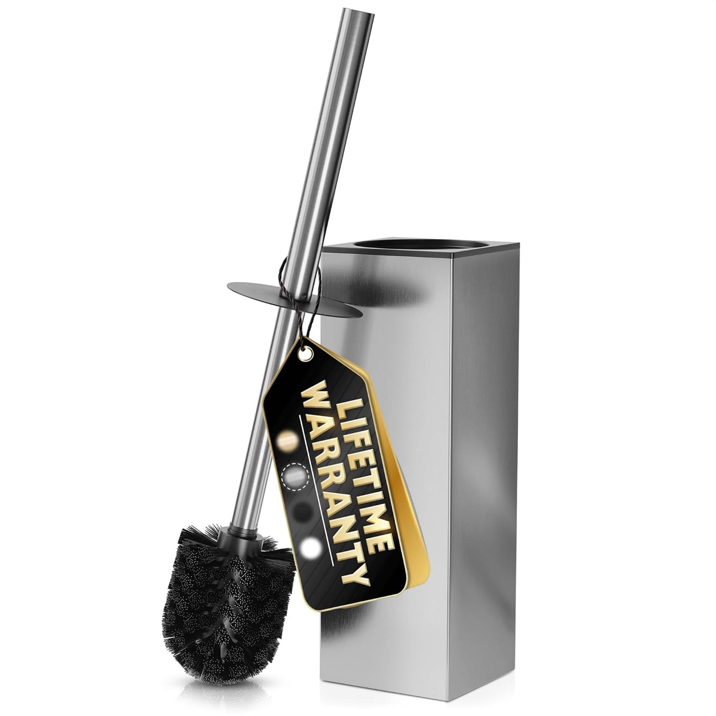 Black Toilet Brush and Holder Set - Slim Matte Design that Fits Anywhere - Stainless Steel Toilet Bowl Brush and Holder with 2 Rounded Corners, Replaceable Head, Removable Inner Bowl & Splash Guard